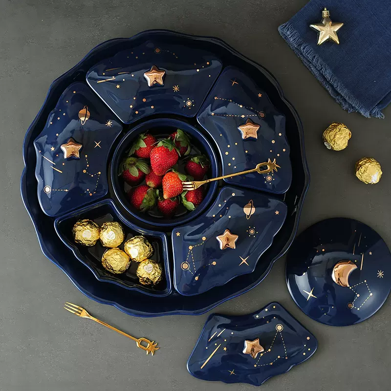 創意歐式陶瓷乾果盤客廳家用旋轉糖果盒大分格帶蓋子水果盤喬遷禮物-Taobao