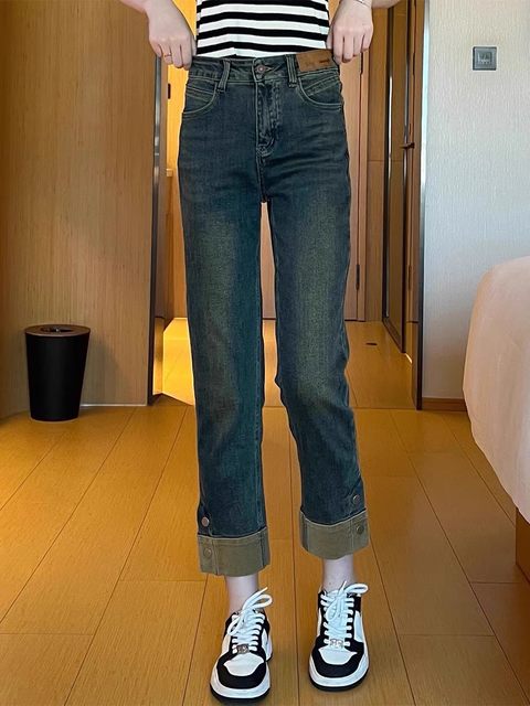 Two buckle stitching contrasting color stick pants Spring and autumn new high -waisted retro straight jeans women's thin cigarette pipe pants