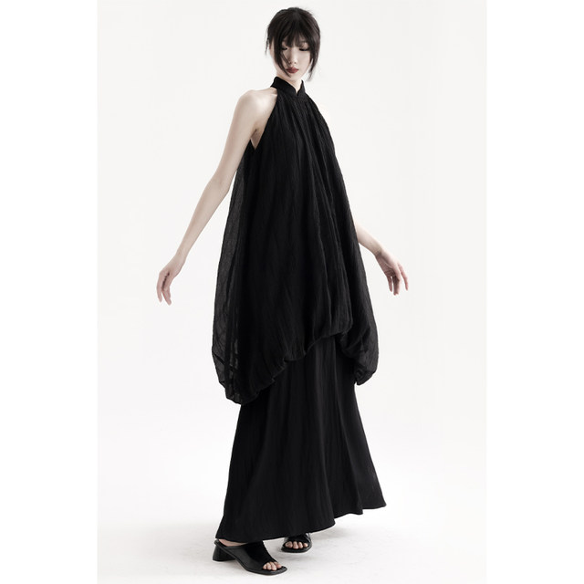 APOZi collection simulated pottery series new Chinese style black double layer sleeveless halterneck jellyfish bud dress
