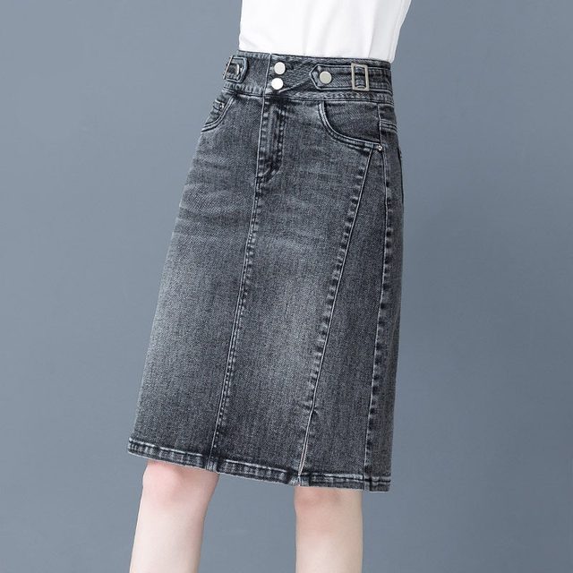 Denim skirt for women mid-length 2025 new high-waisted A-line hip-packing small person with a slit one-step skirt summer thin style