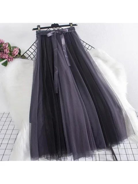Color-blocked gauze skirt new high-waisted slim A-line large sway contrasting mesh fluffy skirt mid-length skirt women's long skirt
