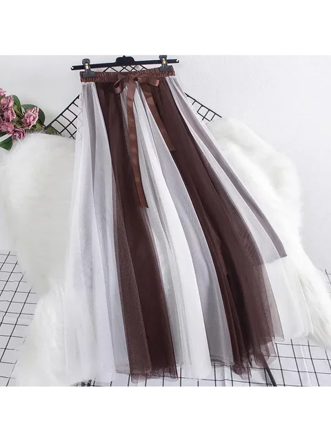 Color-blocked gauze skirt new high-waisted slim A-line large sway contrasting mesh fluffy skirt mid-length skirt women's long skirt
