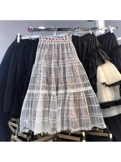 Fashionable elastic high waist heavy industry embroidered mesh spliced ​​A-line skirt European station spring and summer women's new style 2025