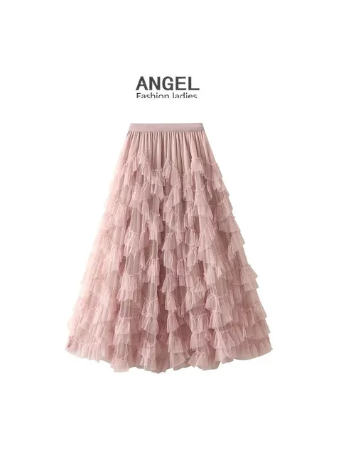 Chaoxian Heavy Industry Lace Mesh Puffed Skirt Slim Umbrella Skirt Large Slim Cake Gauze Skirt Mid-Long Skirt 1393 Solid Color