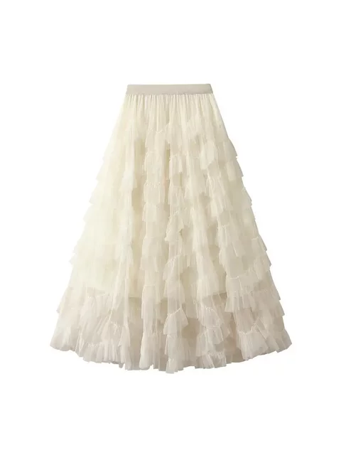 Chaoxian Heavy Industry Lace Mesh Puffed Skirt Slim Umbrella Skirt Large Slim Cake Gauze Skirt Mid-Long Skirt 1393 Solid Color