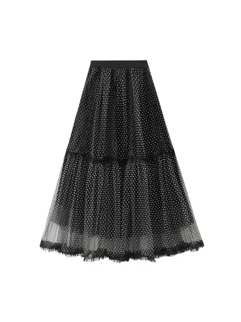 Heavy Industry Mesh Skirt New Polka Dot A-line Texture Blue Cake Long Skirt 8846 Print A-line Skirt Black