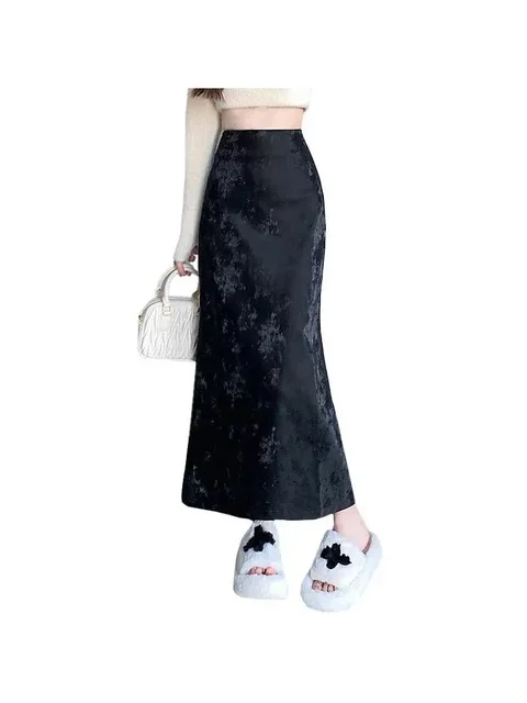 American retro suede skirt high-waisted slim flocking long skirt autumn and winter versatile zippered deerskin velvet fishtail skirt