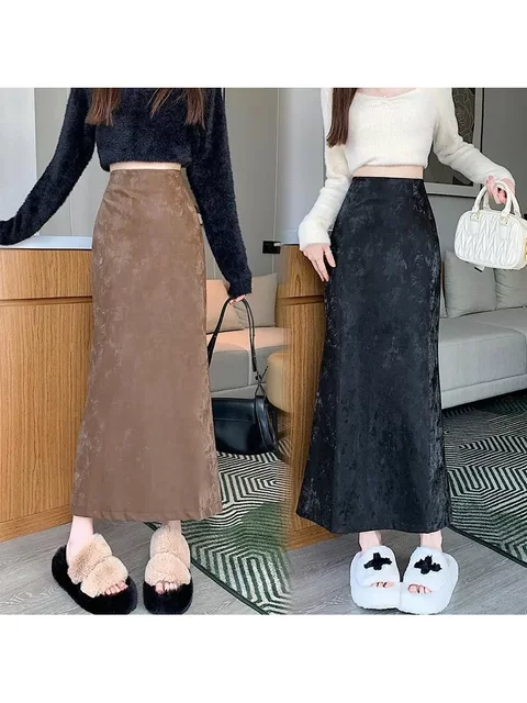 American retro suede skirt high-waisted slim flocking long skirt autumn and winter versatile zippered deerskin velvet fishtail skirt
