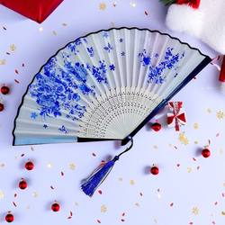 Blue and White Porcelain Folding Fan, Ancient Style Children's Fan, Chinese Style Decorative Performance Dance Prop Fan, Summer Portable Ancient Costume Fan