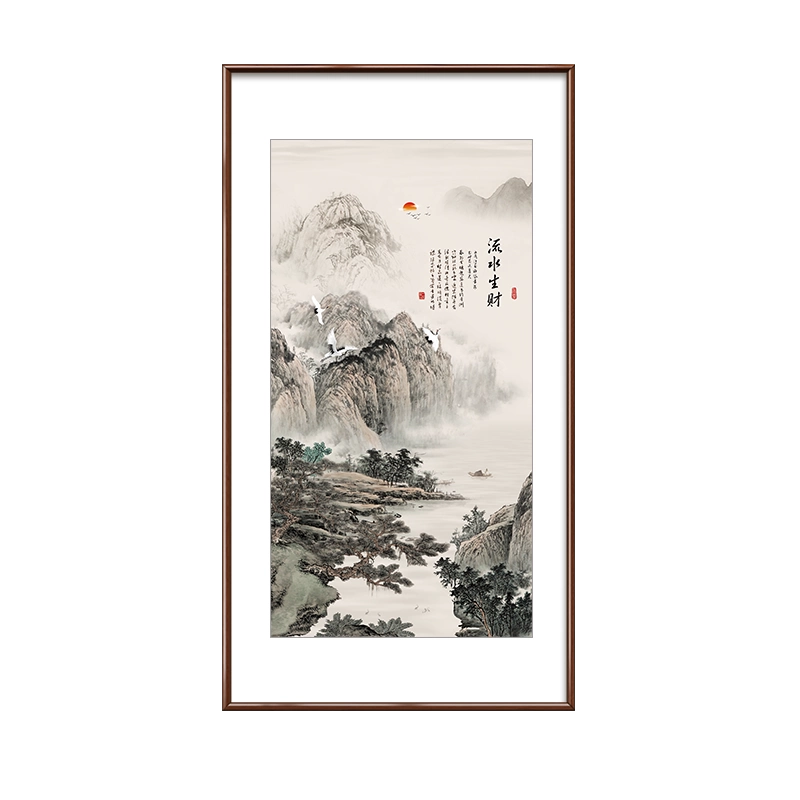玄関装飾画客間水墨山水縦版招财中国風掛け絵 新中式禅意山水画玄关装饰竖版挂画客厅走廊过道壁饰墙画图片
