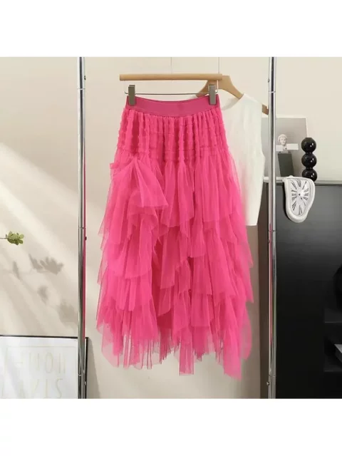 French sweet mesh irregular skirt for women in autumn and winter 2025 new high-waisted slim A-line layered cake skirt