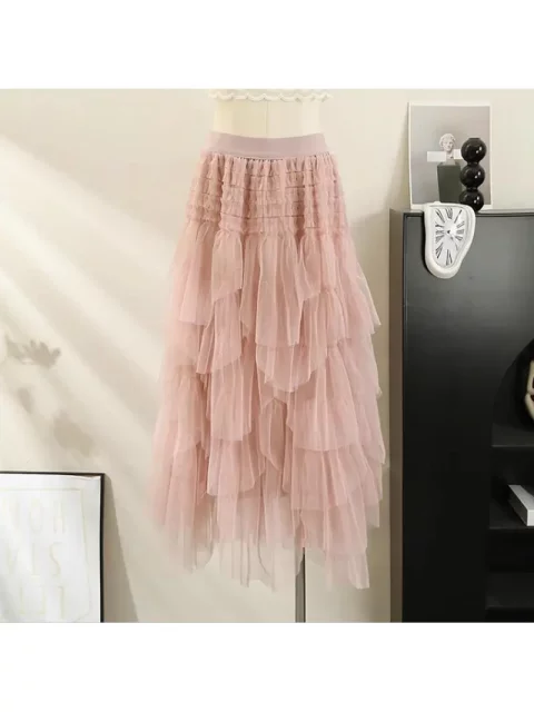 French sweet mesh irregular skirt for women in autumn and winter 2025 new high-waisted slim A-line layered cake skirt