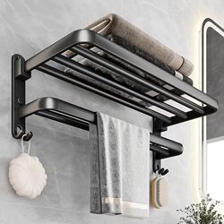 Black Bathroom Wall-Mounted Towel Rack, No-Drill Installation, Bathroom Toilet Storage Rack, Towel Rack, Washroom