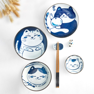 共禾京品猫咪一人食套装日式和风釉下彩手绘小清新碗碟盘陶瓷餐具