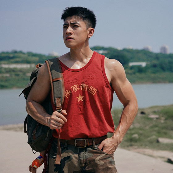 
GUNCHILL national trend retro sentimental print vest men's summer 230g pure cotton sleeveless T-shirt sports bottoming sweat shirt