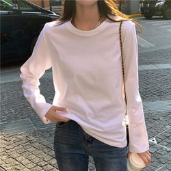 White Long-Sleeve Base Shirt for Women, Versatile for Spring and Autumn, Pure Cotton, Regular Shoulder T-Shirt, Suitable for Layering in Winter, Round Neck, Loose Top