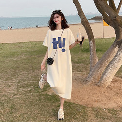 Plus Size Women's Pure Cotton Short-Sleeve T-Shirt Dress, Summer Long Style, Over-The-Knee, for Chubby Women, Tummy-Covering, Slimming, Slit Long Dress