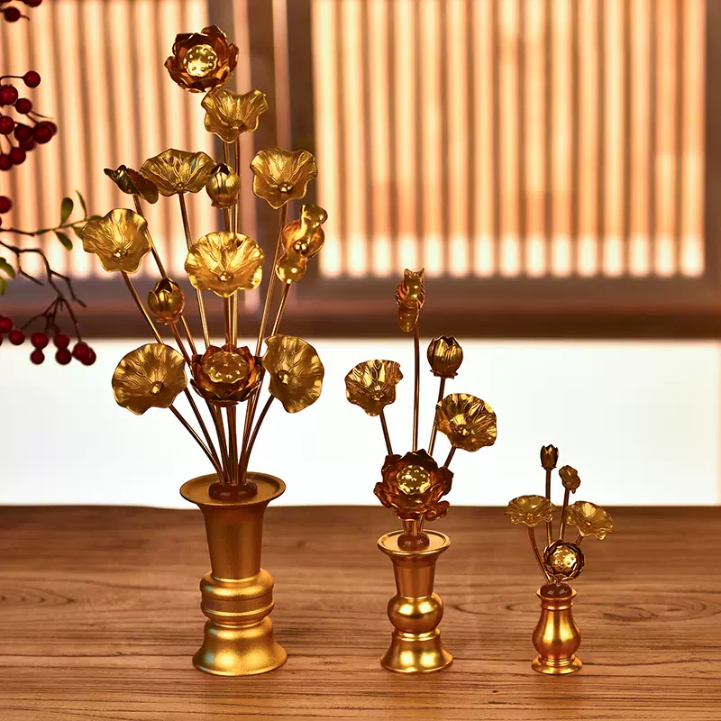 佛前供花鎏金花供佛蓮花仿真花束荷花彩繪插花瓶寺院