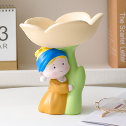 Cream-Colored Key Storage Ornament with a Girl Wearing Pearl Earrings on a Tray, Living Room Entrance Home Decoration, Housewarming Gift