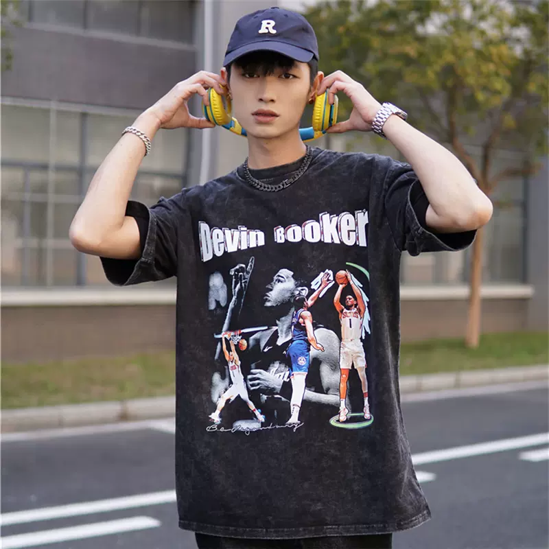 篮球水洗做旧德文·布克Devin Booker短袖宽松纯棉T