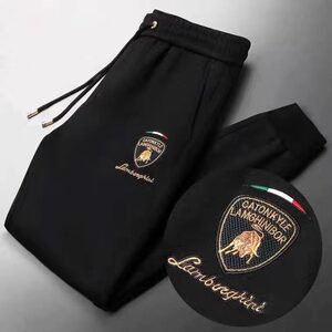 
High-end embroidered casual sports pants for men, pure cotton, autumn and winter plus velvet, trendy brand, handsome and versatile, black men's sweatpants