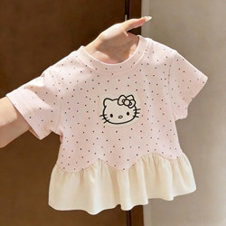 Girls' Ice Silk Short-Sleeved T-Shirt, New Summer Style, Baby Girl's Polka Dot Cartoon Patchwork Lace Round Neck Pink Top 3