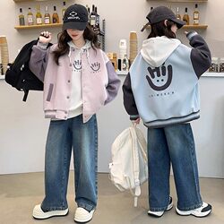 Girls' Spring and Autumn Outfit Set: Baseball Jacket, Stylish Jeans, Trendy Korean-Style Top, Hooded Sweatshirt, Three-Piece Set