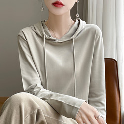 【New Domestic Product】Combed Cotton Hooded Sweatshirt 100% Pure Cotton T-Shirt for Women Long Sleeve Versatile Loose Fit Plus Size Solid Color