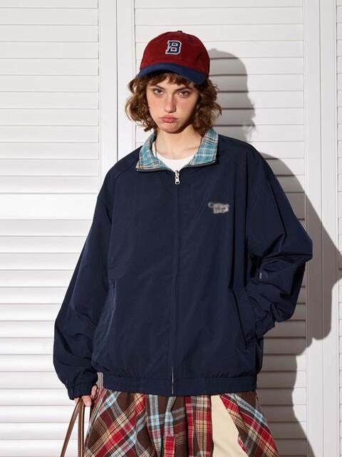 Afraid of trouble American retro two-sided stand-up collar jacket for women 2025 spring plaid versatile workwear couple jacket
