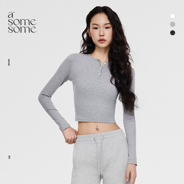 asomesome American Henry Neck Hot Girl Slim Knit Long Sleeve T-shirt Women's V-neck Underwear Top Base Shirt