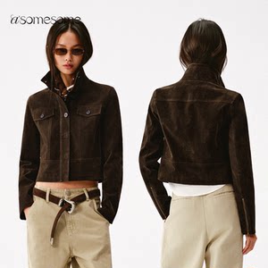 
asomesome American retro stand-up collar work jacket shoulder short coat women's spring new imitation suede casual top