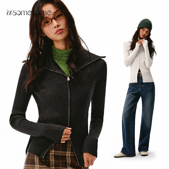 
asomesome American retro high collar zipper wool sweater women's autumn pit strip sweater jacket slim top