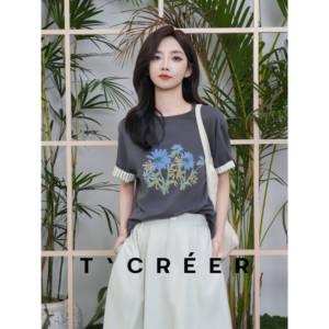 
TCREER [花Manxi] retro oil painting flower striped splicing T-shirt for women in summer, loose, slim and versatile