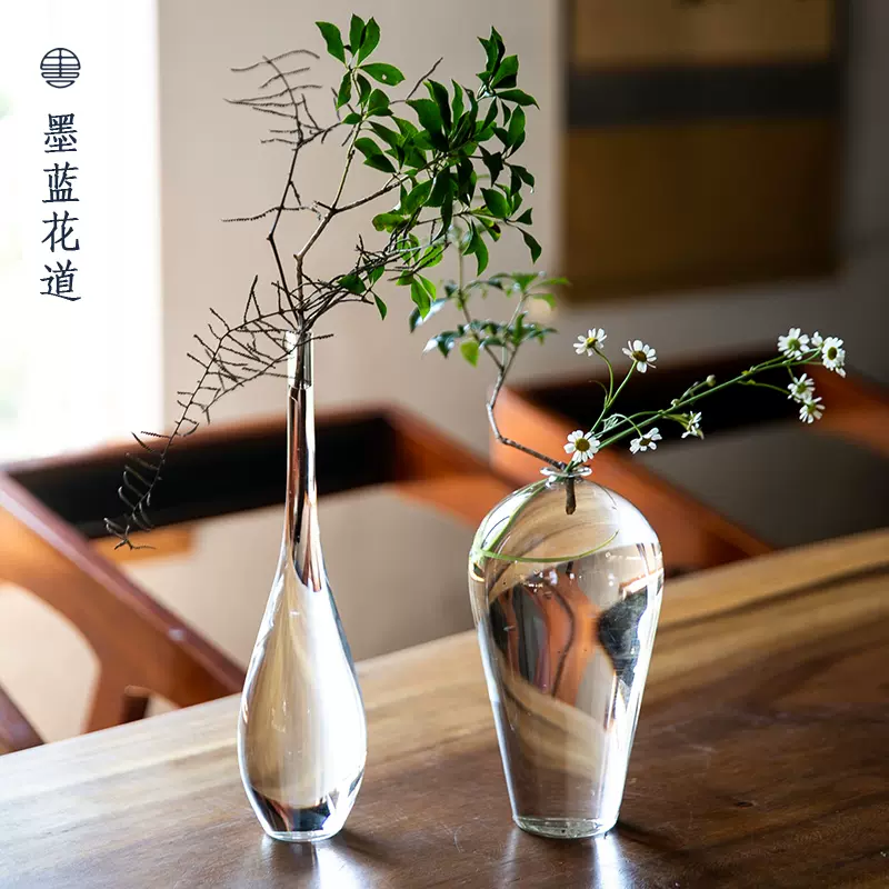 日式复古花瓶摆件玻璃透明花器禅意中式日式插花器皿客厅