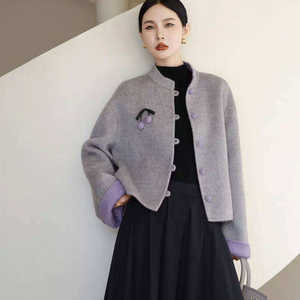 
New Chinese style double-sided woolen coat for women 2025 winter new stand-up collar contrasting national style woolen short coat