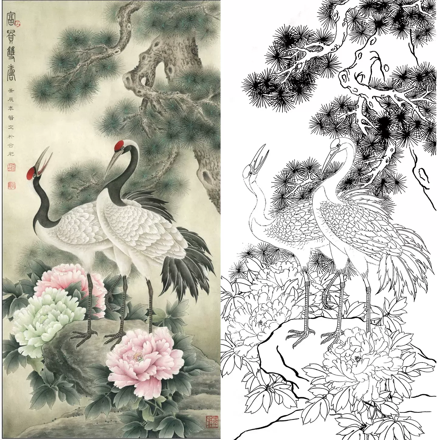 中国古美術・白雪石款・仙縁福地・四尺横幅掛軸・純手描き・文房置物・水墨画・宣紙 工笔画底稿牡丹仙鹤4尺竖幅白描打印稿国画风格装饰底稿