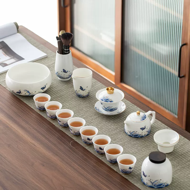 德化国潮海浪中式白瓷茶具套装盖碗茶壶茶杯整套精品礼盒定制logo 