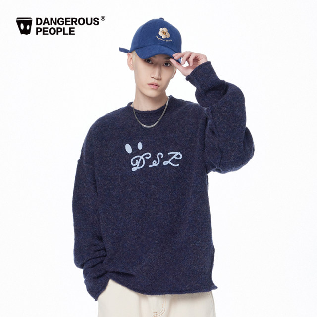 Dangerouspeople Joker Xue dsp solid color hoop letter yarn embroidery comfortable round neck ...