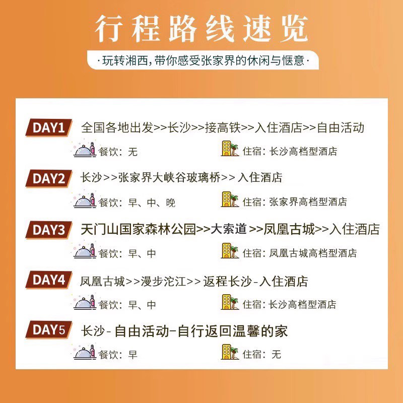 广州等多地出发长沙张家界旅游5天4晚纯玩跟团游大峡谷天门山凤凰