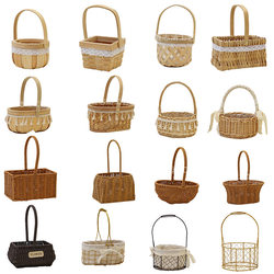 Willow Straw Basket Wrought Iron Hand-Held Flower Basket Rattan Souvenir Flower Blue Flower Pot Flower Arrangement Basket Pastoral Succulent Flower Pot