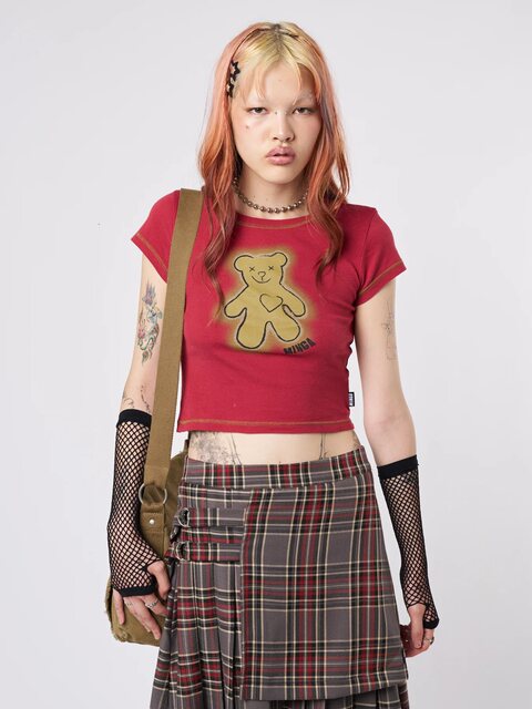 Minga autumn American retro teddy pattern red round neck slim short T-shirt top baby tee