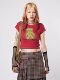 Minga autumn American retro teddy pattern red round neck slim short T-shirt top baby tee