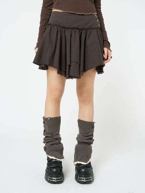 Minga new product A -line retro Y2K brown low waist double -layer buttons decorative side zipper asymmetric skirt