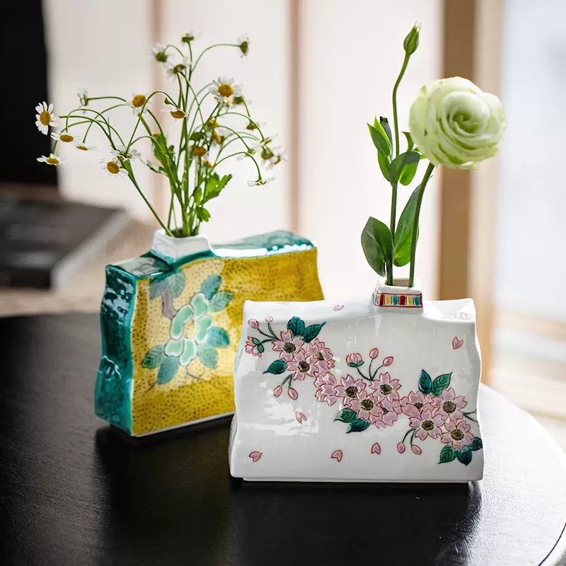 日本進口九穀燒一輪插手繪陶瓷插花器日式桌面小花瓶