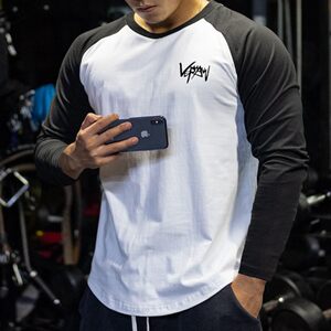 Fitness long sleeved men's loose training basketball slim fit sports T-shirt running pure cotton casual color blocked base shirt top
