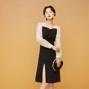 
Lucidy Rusty Square Neck Dress Autumn 2024 New Arrival Versatile Commuting Black Long Sleeve High Waist One Step Skirt