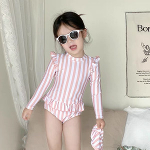 Girls swimsuit new Nordic style ins baby sun protection long-sleeved one-piece swimsuit beach hot spring quick-drying swimsuit
