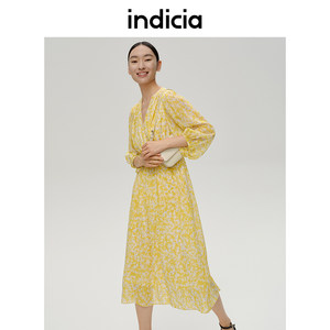 
indicia mulberry silk silk floral dress V-neck printed temperament skirt high waist summer mark women's clothing