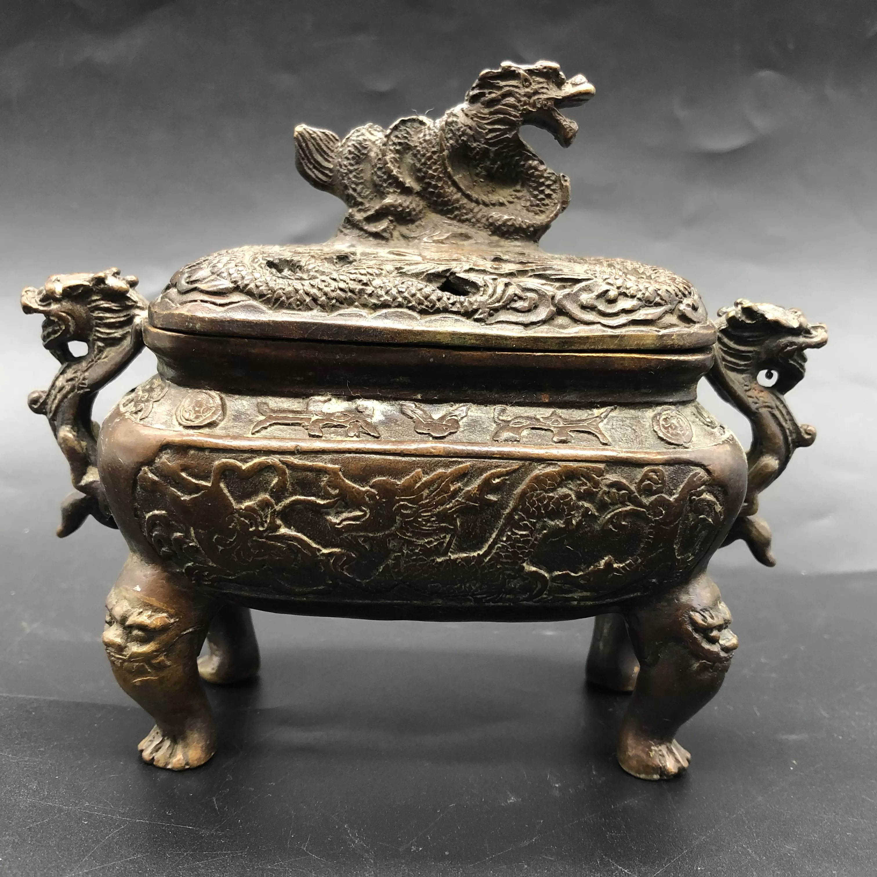 古玩杂项收藏仿古大明宣德年制龙镇长方铜香炉摆件红铜熏香炉-Taobao