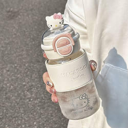 Hello Kitty Plastic Water Cup with Anti-Scalding Sleeve, High Temperature Resistant, for Girls, ins with Graduated Straw Cup